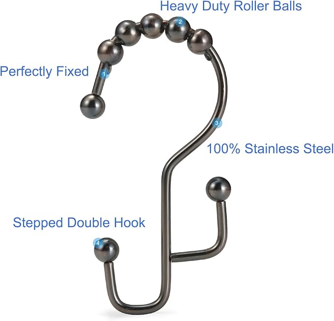 SUTINE Shower Curtain Rings & Hooks, Rust-Resistant Stainless Steel, Easy Sliding Double Hooks for Curtains & Liners, 12pcs-Bronze