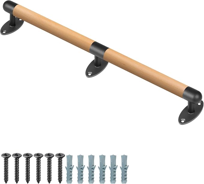 SELEWARE 52 Inch Wood Handrail Indoor Stairs Handrail Wall Mount Handrail | Indoor Outdoor Steps Stair Railing with Sturdy Metal Brackets, Barrier-Free Staircase Grab Bar for Elderly, 1.3 Inch Round