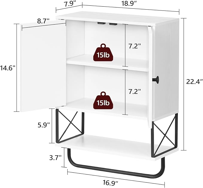MAHANCRIS Bathroom Wall Cabinet with 2 Door and Adjustable Shelf, Farmhouse Medicine Cabinet with Towel Rack, 3-Tier Wall Mounted Storage Cabinet Over The Toilet for Bathroom, 18.9" L, White