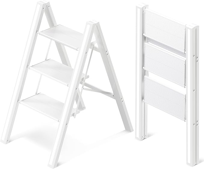 3 Step Ladder, Aluminum Folding Step Stool with Anti-Slip Sturdy and Wide Pedal, Lightweight Portable Stepladder for Home and Kitchen Use Space Saving, Cream White, 330 lbs
