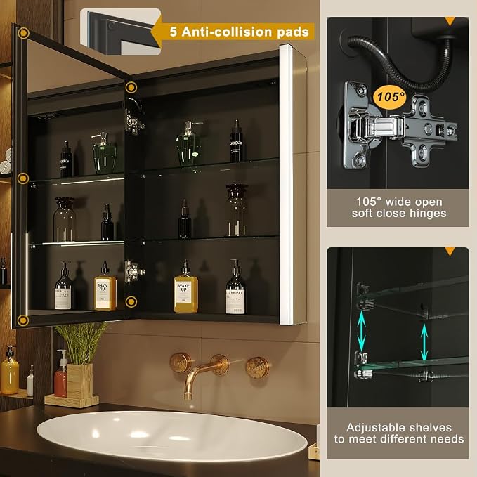 21x28 Inch Left Hinge Aluminum LED Bathroom Medicine Cabinet with Mirror | Light Adjustment, Anti-Fog, Sockets&USBs, High Capacity, Easy to Install
