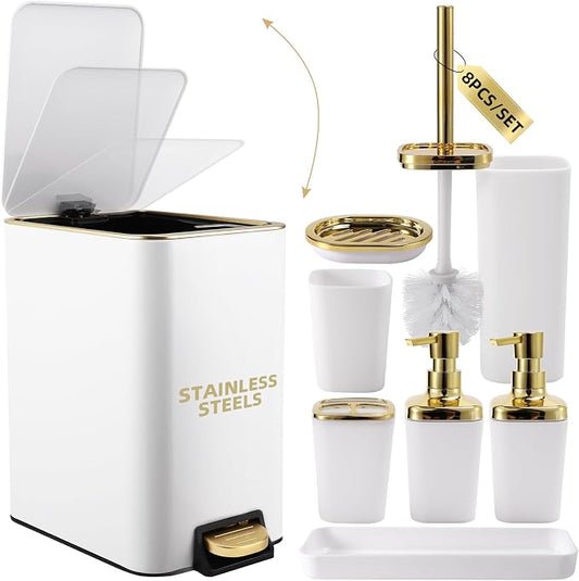 XLHOMO White Bathroom Accessories Set 8 Piece White and Gold Bathroom Set, Bathroom Sets with Stainless Steel Trash Can,Toilet Brush,Toothbrush Set,Soap Dispenser