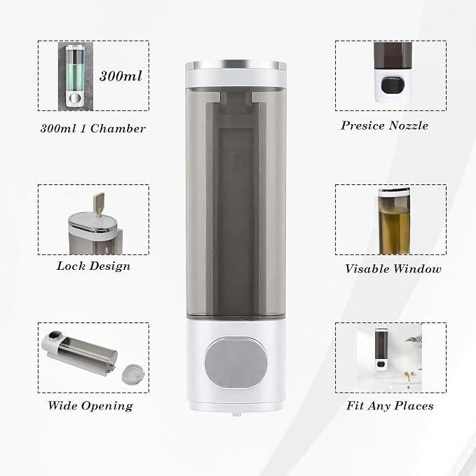 10oz/300ml Single Manual Wall Mounted Soap Dispenser, Silver & White | Bathroom Shampoo and Conditioner Dispenser, Clear Plastic Refillable Liquid Lotion Pump Dispenser and Organizer