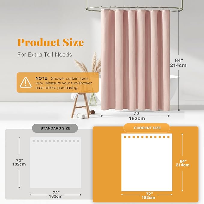 Long Linen Textured Waterproof Thick Shower Curtain Set, 72x84, Blush | Tall Size, 230GSM Polyester, Heavy Duty Cloth, Weighted Hem, 12 Plastic Hooks, Modern Luxury Hotel Style, Machine Washable