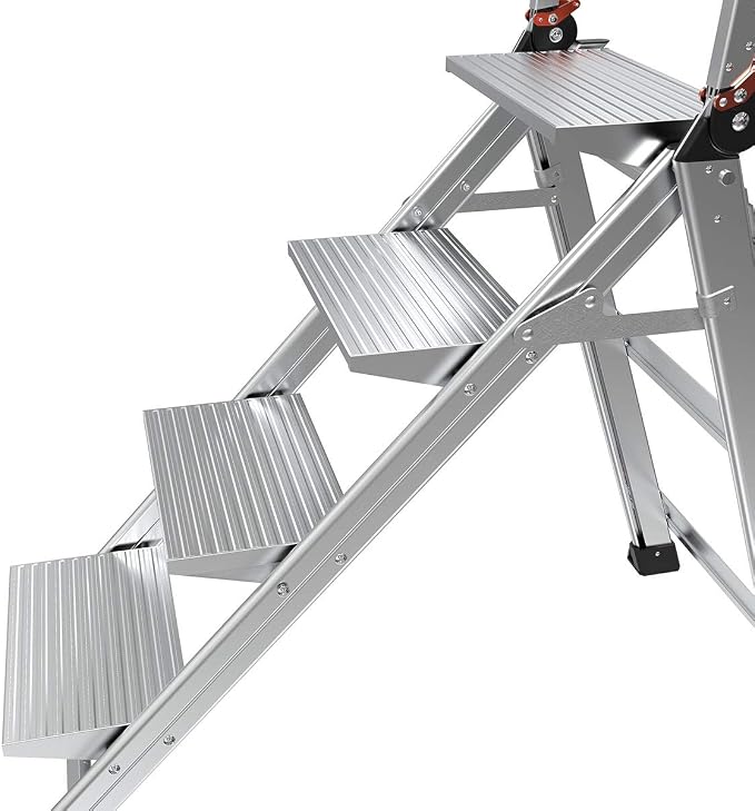 Little Giant Jumbo Step 4-Step Foldable 2.9 ft Aluminum Stool, 11904 | Foldable Aluminum Step Stool, Extra-Wide Stair-Like Treads, Rotating Handrail, Tool Tray, 375 lbs. Weight Capacity