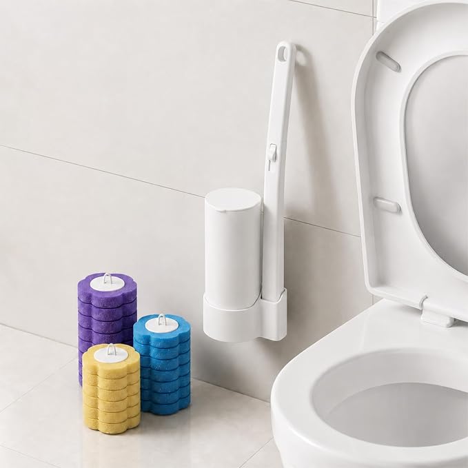Disposable Toilet Brush Wand Starter Kit with 24 Pre-Loaded Cleaner-Infused Refills, Wall Mounted Toilet Bowl Cleaner System with Holder, Space-Saving Bathroom Cleaning Supplies for Home, RV