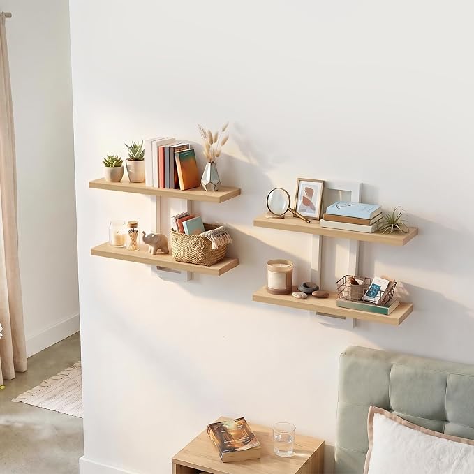 HOOBRO 2-Tier Floating Shelves, 15 Inch Wall Shelf Set of 2 | Wall Mounted Storage Shelves, Hanging Bathroom Shelves, for Living Room, Bedroom, Bathroom, Kitchen, Natural and White