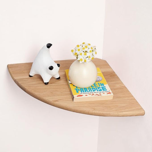 Gieanoo Corner Floating Shelf 16inch Solid Oak Wood Floating Corner Shelf with Wire Hole Corner Wall Mount Storage Display Shelves for Living Room Bedroom Bathroom Kitchen
