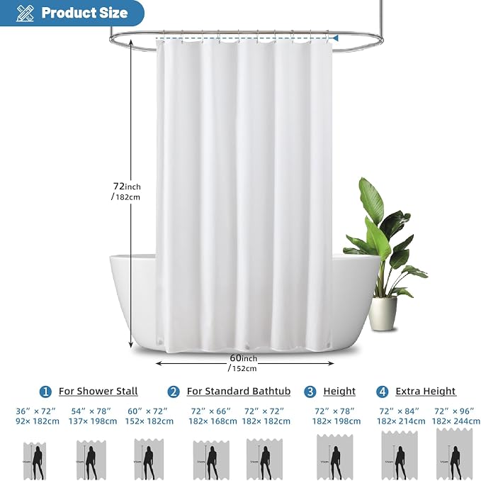 1 Pack Water-Repellent Fabric Shower Curtain Liner, 60x72 White | 100% polyester, 3 Magnets, Rustproof Grommets & Weighted Hem, quick-dry, machine washable, hotel quality for bathroom