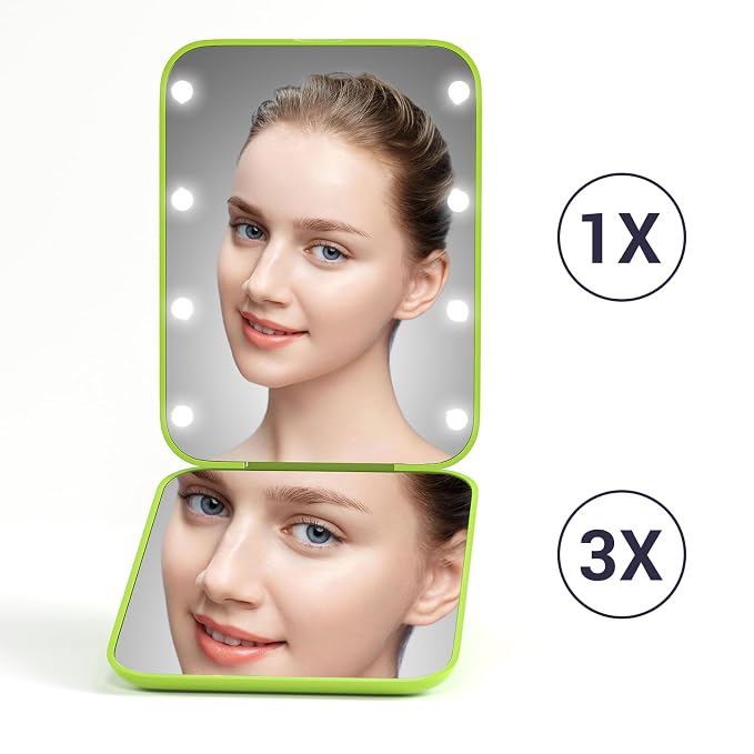 Kintion Pocket Mirror, 1X/3X Magnification LED Compact Mirror (Light Green) | Travel Mirror with Light for Purse, 2-Sided, Portable, Folding, Handheld, Small Lighted Mirror for Gift