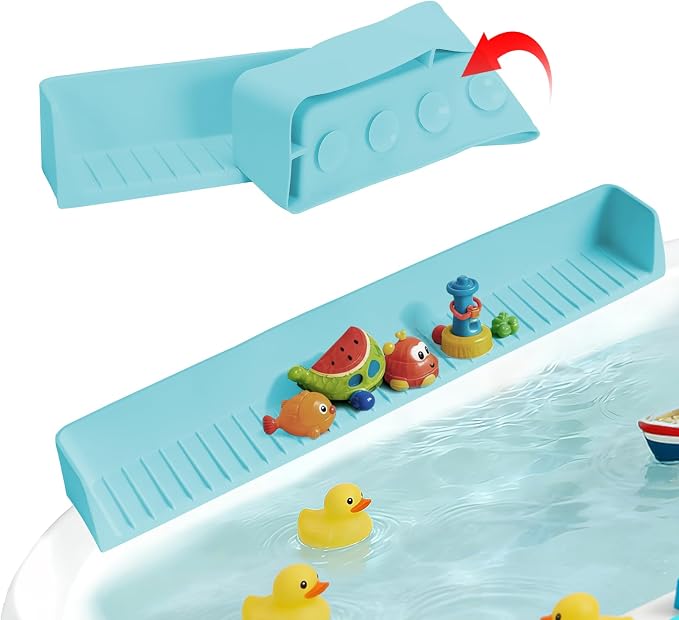 Bathtub Splash Guard for Tub Kids- Silicone Bath Play Shelf | 31" Extra Long Toy Tray & Caddy Holder, Prevent Water Spills & Messy Floors, Tub Edge Guard for Bathroom- Blue