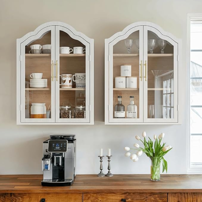 FIMELLO 47.2’’W Wave Design Arched Wall Cabinet, Bathroom Cabinet with Glass Doors Adjustable Shelf, Above Toilet Cabinet, Kitchen Wall Cabinet, Wall Bookshelf, White Grain