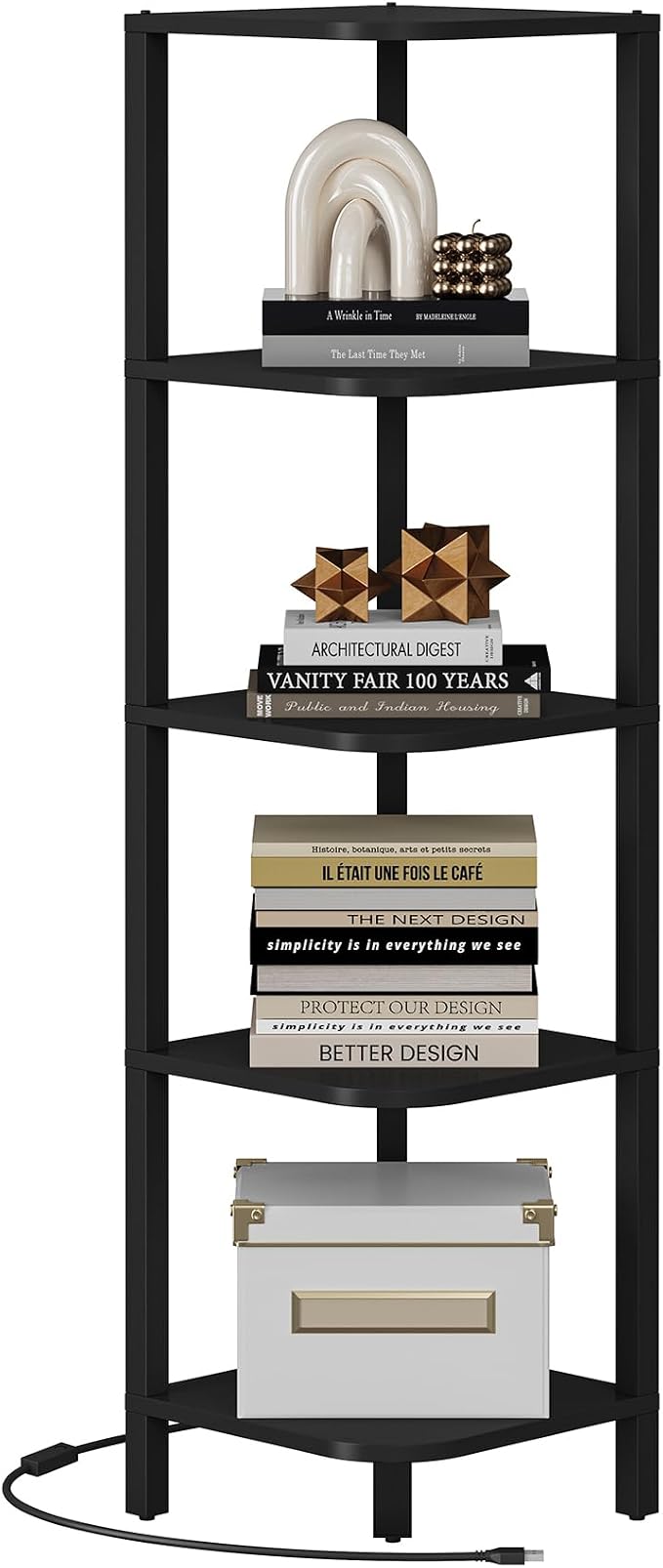 TUTOTAK Corner Shelf with LED Light, 5-Tier Corner Bookshelf | for Small Space, Narrow Display Corner Shelf Stand with Storage Rack, for Living Room, Bedroom, Black BS08BK005L