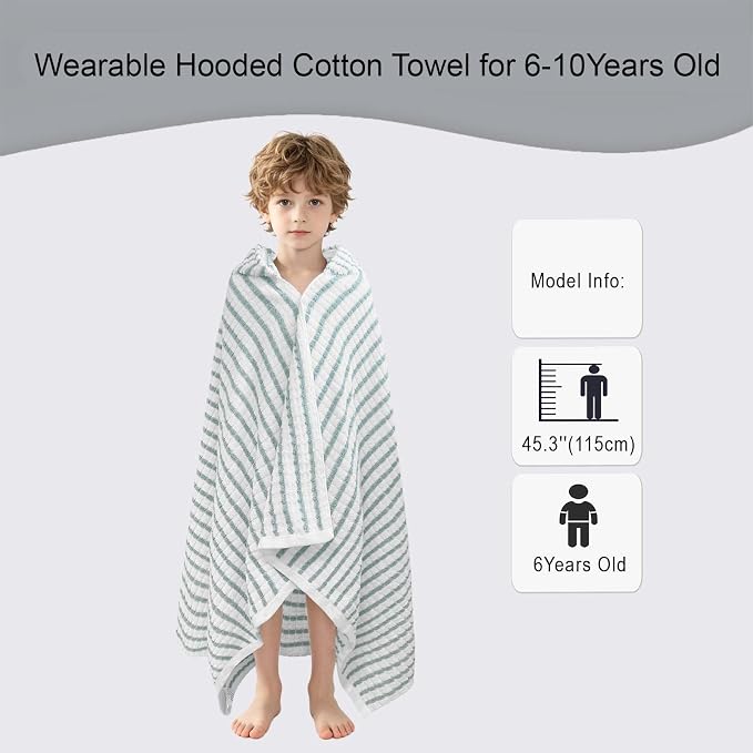 VOOVA & MOVAS Kids Bath Towel, 6-10 Years, 100% Cotton,White Green Stripe | Soft Horizontal Striped Print, Fluffy Thick Cotton, Suitable for Pool, Swim and Daily Bath