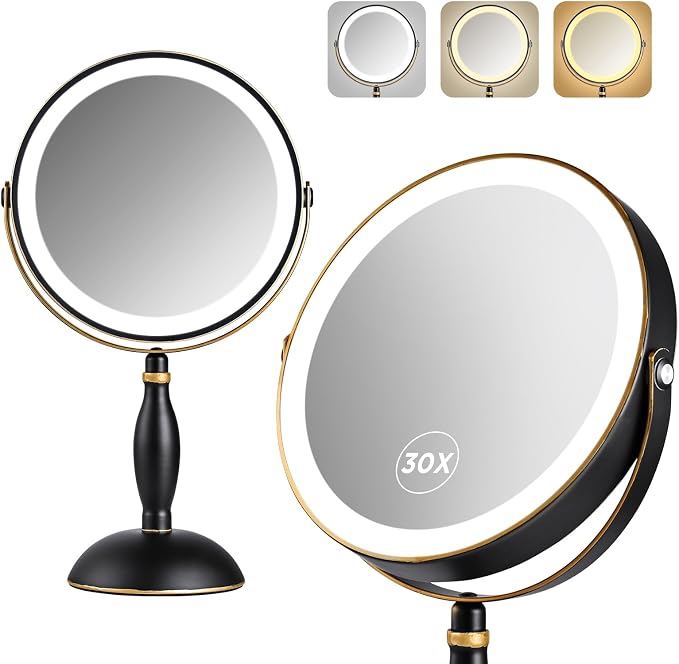 30x Magnifying Mirror with Light, Matte Black with Gold Trim | Makeup Mirror with 3 Color Light & Brightness Adjustable, 5000mAh Rechargeable Vanity Mirror, Modern Style Side Touch+Charge