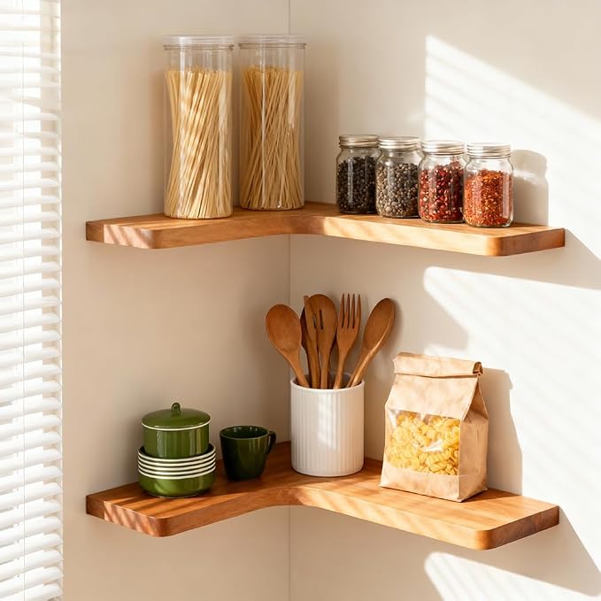 Floating Corner Shelves, Wall Shelf Set of 2, Shelves for Wall Storage, Solid Wood Shelves for Storage, Wall Mount Wooden Display Shelf for Bathroom Bedroom Kitchen Garage (Acacia 2pcs)