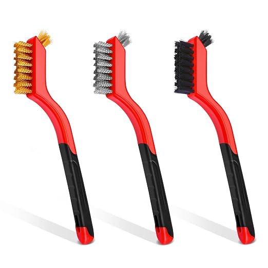 Wire Brush Set, 3 Pcs Stainless Steel/Brass/Nylon Wire Brushes | Red, 7" Total Length for Tight Spaces, For Cleaning with Curved Handle Grip for Rust Removal, Dirt, Paint Scrubbing