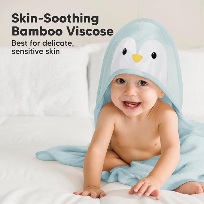 KeaBabies Hooded Baby Towel for Newborn, Baby Bath Towels (Penguin, 35x35) | Viscose Derived from Bamboo, Large Baby Towels with Hood, Boys, Girls, Toddler, Soft Absorbent Baby Bath Essentials