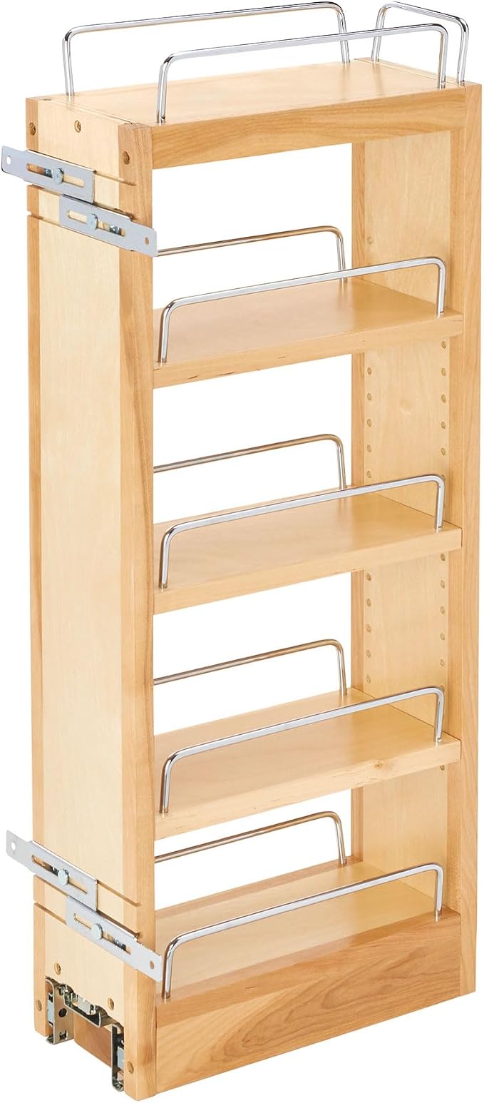 Rev-A-Shelf Maple Pullout Organizer for Wall Kitchen Cabinets, Full Extension Slides & Adjustable Shelves, Min Opening Width of 5.5", 448-WC-5C