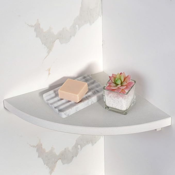 Natural Marble Corner Shower Shelf for Bathroom, 10'' Polished Marble Corner Shelves, Wall Mounted Stone Corner Shower Caddy, No Drilling Adhesive Shelf - White Cliff (No Glue Included)