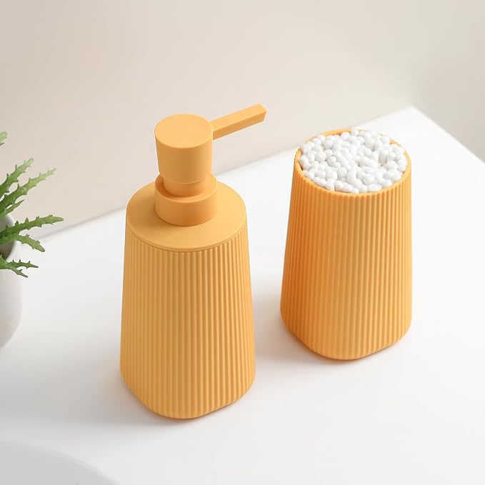 YAUKPH Bathroom Soap Dispenser and Toothbrush Holder Striped Yellow | Bathroom Accessories Set 2 Piece for Bathroom Countertop Storage and Decor