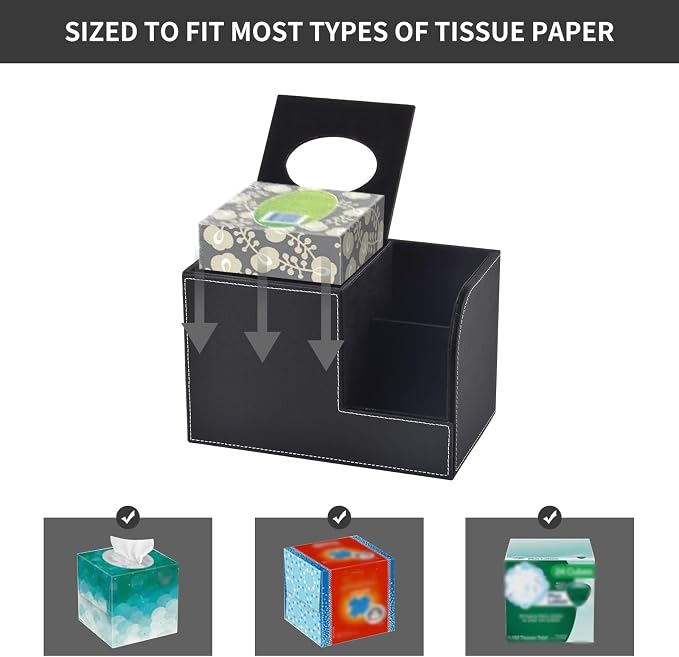 PU Leather Tissue Box Cover with Storage Square-Multifunctional Tissue Holder,Remote Control Holder,Decorative Tissues Boxes Organizer,Home Office Desktop Storage box,Black