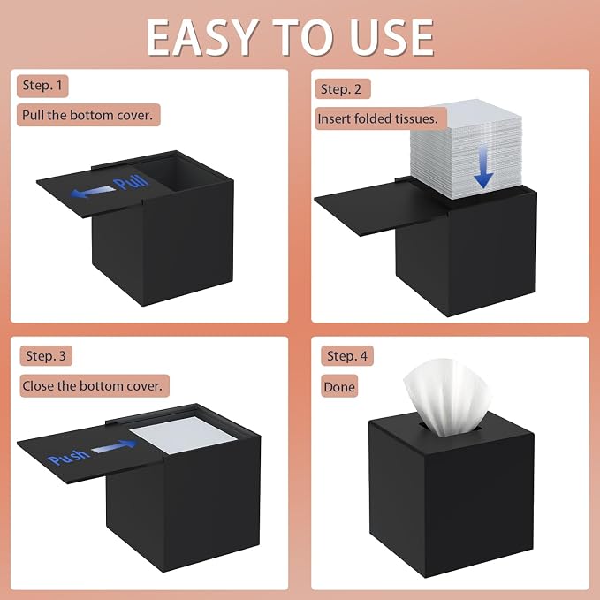 SILUT Matte Black Square Acrylic Tissue Box Cover | Stylish Tissue Holder with Magnet Locking Bottom for Bathroom Vanity, Bedroom & Office, Non-Slip Base