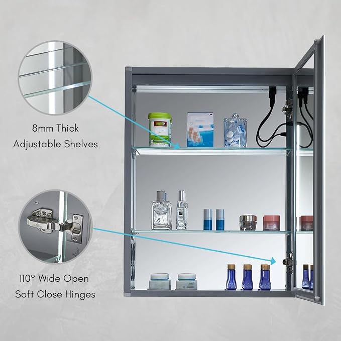 Blossom LED Lighted Bathroom Medicine Cabinet Mirror, Right Hinge, 20x26 | Bathroom Storage Cabinet, Medicine Cabinets Organizer, Vanity Mirror with Storage, Recessed/Surface Mount, Adjustable Shelves
