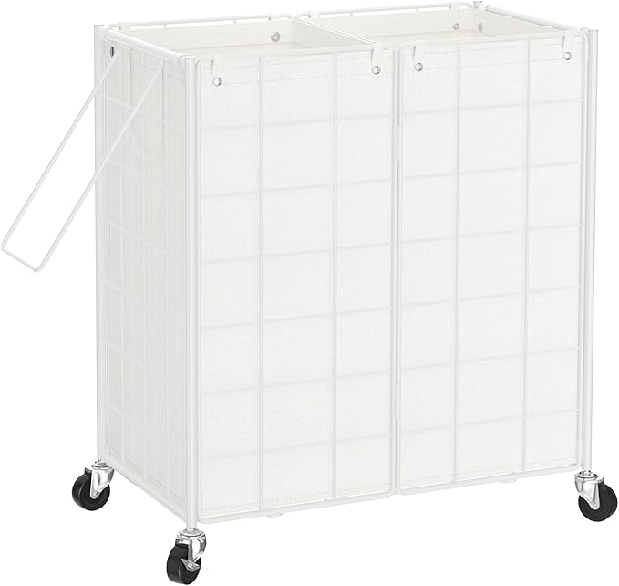 WOWLIVE Double Laundry Hamper with Wheels, Metal Rolling Laundry Basket | Wire Frame Hamper with 2 Removable Bags, 120L Dirty Clothes Hamper Organizer Dorm Room Storage for Bedroom, White