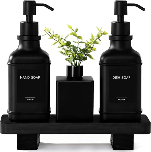 Modern Kitchen Soap Dispenser Set with Wood Tray, Black Glass Soap Dispenser with Pump, Decorative Hand and Dish Soap Dispenser Set, Soap and Lotion Dispenser Upgrade for Kitchen and Bathroom Decor