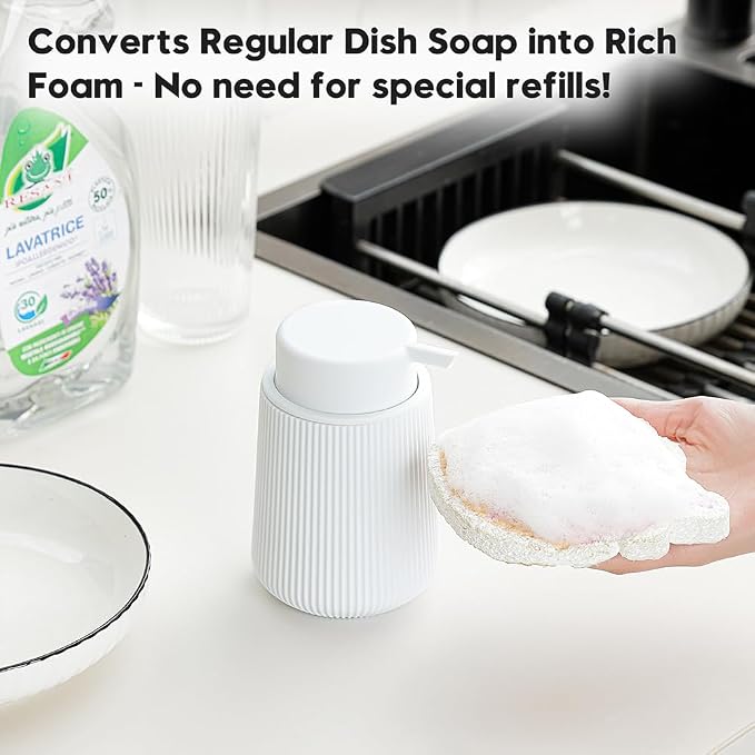 YAUKPH Striped Foaming Hand Soap Dispenser White | with Leak-Proof Pump for Bathroom and Kitchen Countertop 11oz