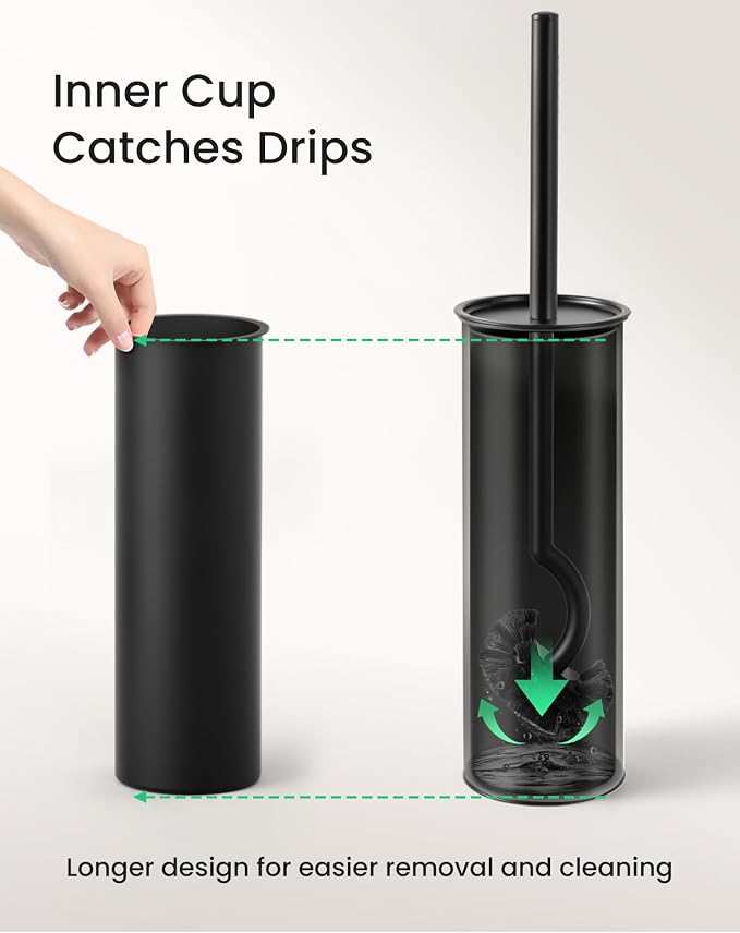 Cesun 304 Stainless Steel Toilet Brush and Holder Set, 2 Brush Heads, Black | S-Shaped Deep Cleaning, Scratch-Free Nylon Bristles, Long Handle & Splash Guard, Replaceable Brush Head