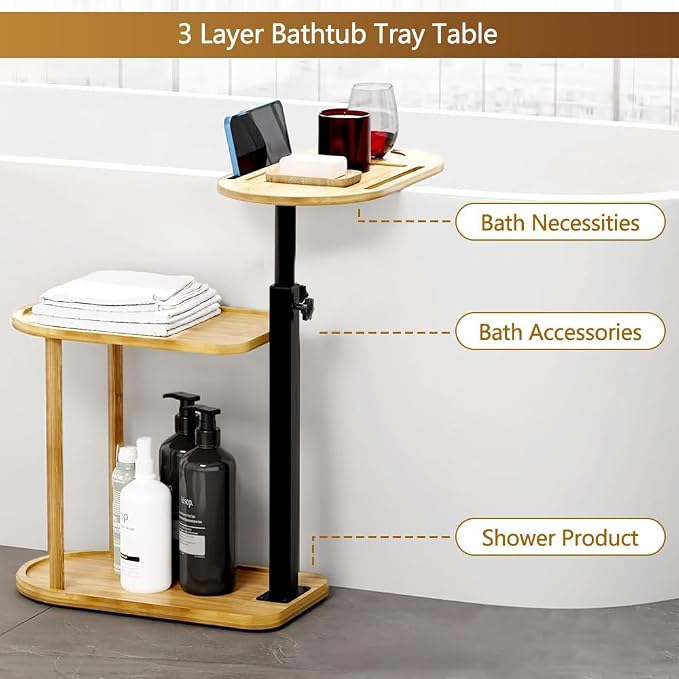 3 Layer Bathtub Tray Table,Bamboo Swivel Bathtub Side Table Height Adjustable,Freestanding Bathtub Tray for Tub Against Wall,Bathtub Accessories&Bathroom Organizer for Luxury Home Spa (Natural)