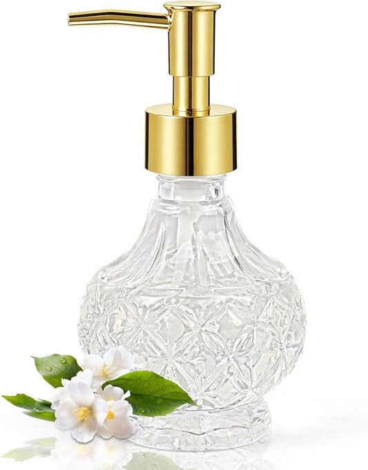 Glass Hand Soap Dispenser Bathroom with Rust-Proof Pump | Small Crystal Soap Dispenser for Kitchen Dish Soap, Hand Soap, Essential Oil & Lotion (New-Clear,Gold-Head)