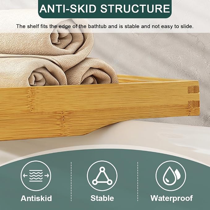 BFTOU Bamboo Bathtub Tray Expandable Bath Table Tray Bathtub Caddy for Relaxing SPA Bathroom Accessories for House Warming Shower