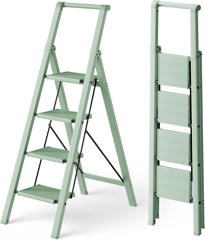 HillhutApex Aluminum 4 Step Ladder, Step Stool Foldable Ladder(Pale Green) | Stepladder with Handgrip,Anti-Slip Pedals,330lbs Capacity,Lightweight Portable Folding Ladder for Home,Office,Libaray