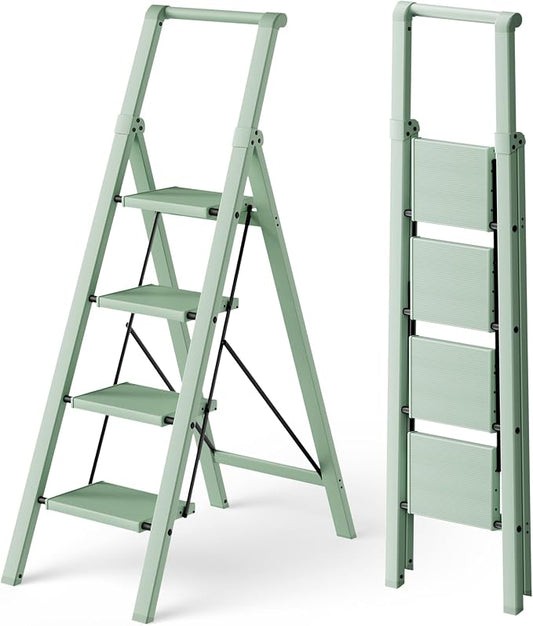 HillhutApex Aluminum 4 Step Ladder, Step Stool Foldable Ladder(Pale Green) | Stepladder with Handgrip,Anti-Slip Pedals,330lbs Capacity,Lightweight Portable Folding Ladder for Home,Office,Libaray