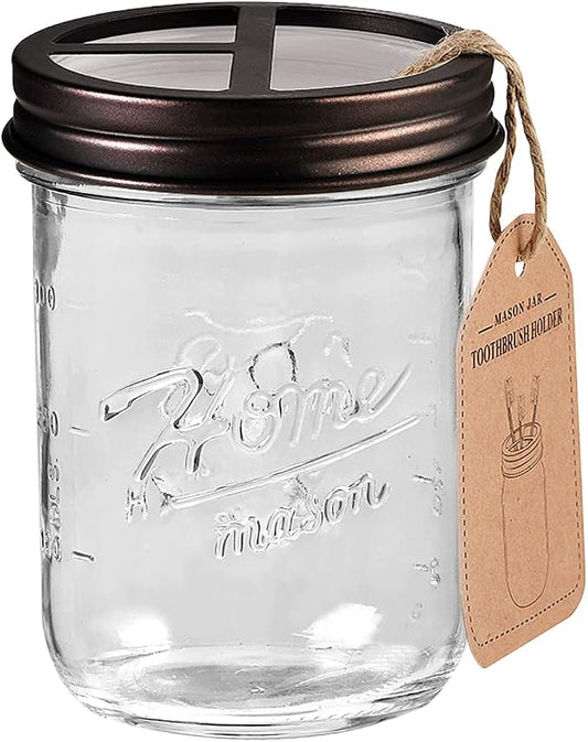 SheeChung Mason Jar Toothbrush Holders, Farmhouse Toothpaste Organizer, 1Pc | Bronze Glass Electric Tooth Brush Holder for Bathroom Countertop,Removable Stainless Steel Lid,3 Divider,Rustic Vintage Decor