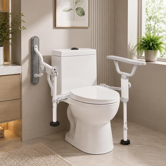 Folding Toilet Safety Rails - Adjustable Bathroom Support Frame with Foldable Arms for Elderly, Seniors, Post-Surgery Recovery, and Pregnant Women - Tool-Free Installation, Sturdy Grab Bar