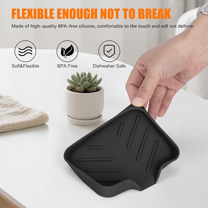 2 Pack Silicone Soap Dish, Self Draining Soap Dish 4.7"×3.9" Black | Non Slip Bar Soap and Sponge Holder for Bathroom Kitchen Sink Counter Organizer Easy to Clean Soap Tray Waterfall Soap Saver