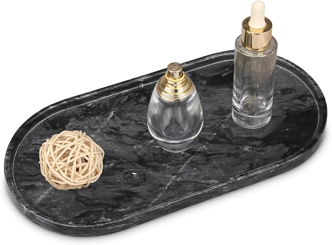 Oval Marble Bathroom Vanity Tray, Dark Grey, 12" x 6" x 0.8" | Natural Luxury Marble, Home Kitchen Bathroom Table Tray, Stone Decorative Countertop Tray, For Coffee Perfume Jewelry