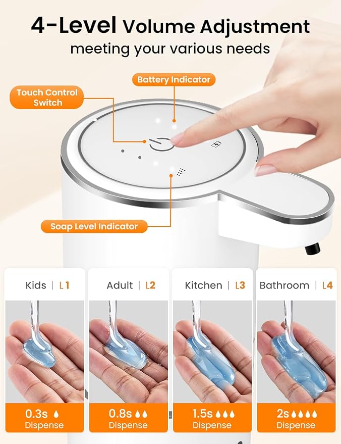 Automatic Soap Dispenser Touchless, USB Rechargeable Hand Soap Dispenser, 4 Adjustable Soap Levels, IPX5 Waterproof, 12.8oz/380ml, Countertop or Wall Mounted for Bathroom and Kitchen, White
