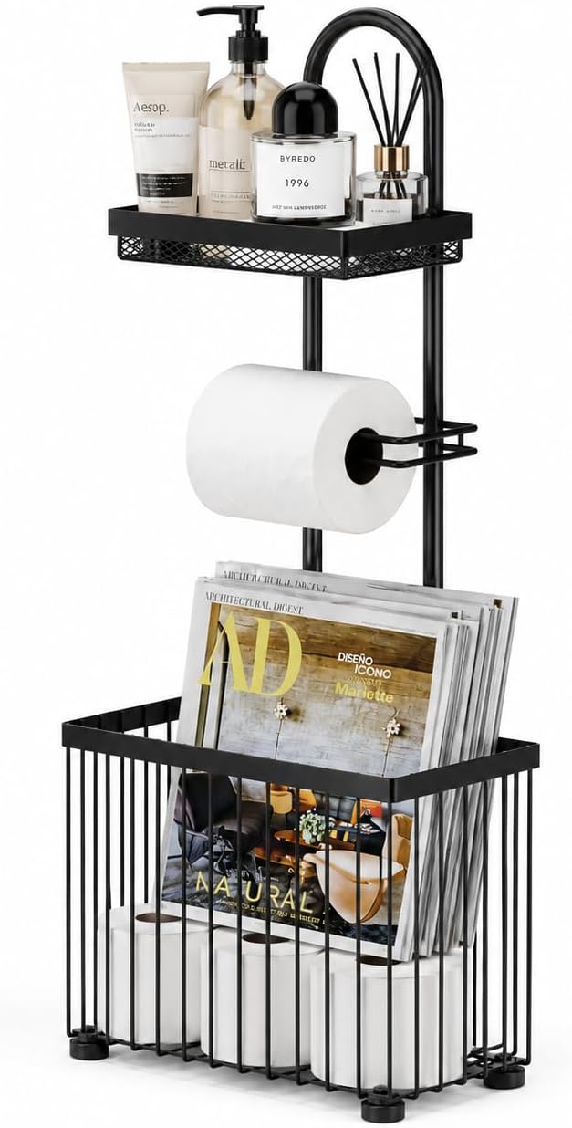 X-cosrack Freestanding Toilet Paper Holder Toilet Tissue Rack Scroll Stand Roll Dispenser with Storage Shelf Reserve for Phone Tablet Magazine Bathroom Organizer Bath Tissue Organizer (Black)