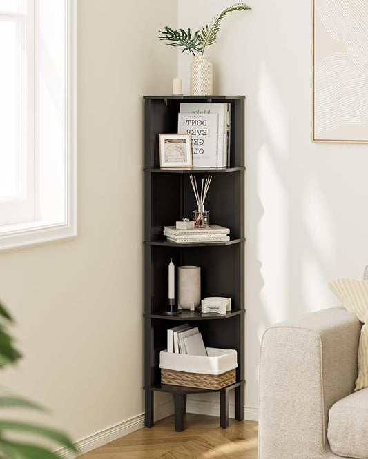 Corner Shelf, 5 Tier Corner Bookshelf, Display Corner Shelf Stand with Storage Rack, Wall Corner Bookshelf for Living Room, Bedroom, Office, Black