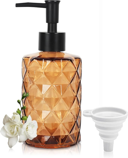 Brown Glass Soap Dispenser, 11 Oz/330ml Liquid Hand Soap Dispenser Set for Kitchen Sink and Bathroom, Dish Lotion Dispenser Set, Diamond Lotion Bottles with Black Pump&Funnel
