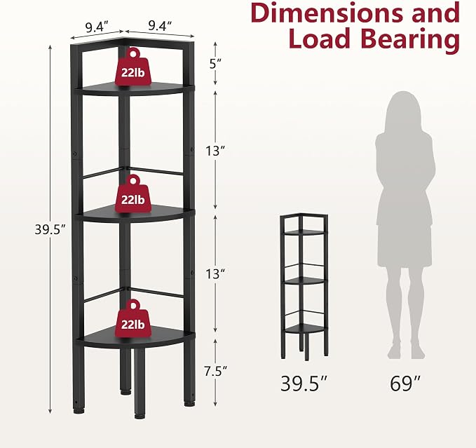 Small Corner Shelf Stand 3 Tier 39.5" with Metal Frame, Black | Industrial Narrow Corner Shelf, Multipurpose Tall Corner Bookshelf, Small Corner Table Bedroom, Living Room, Office, Kitchen