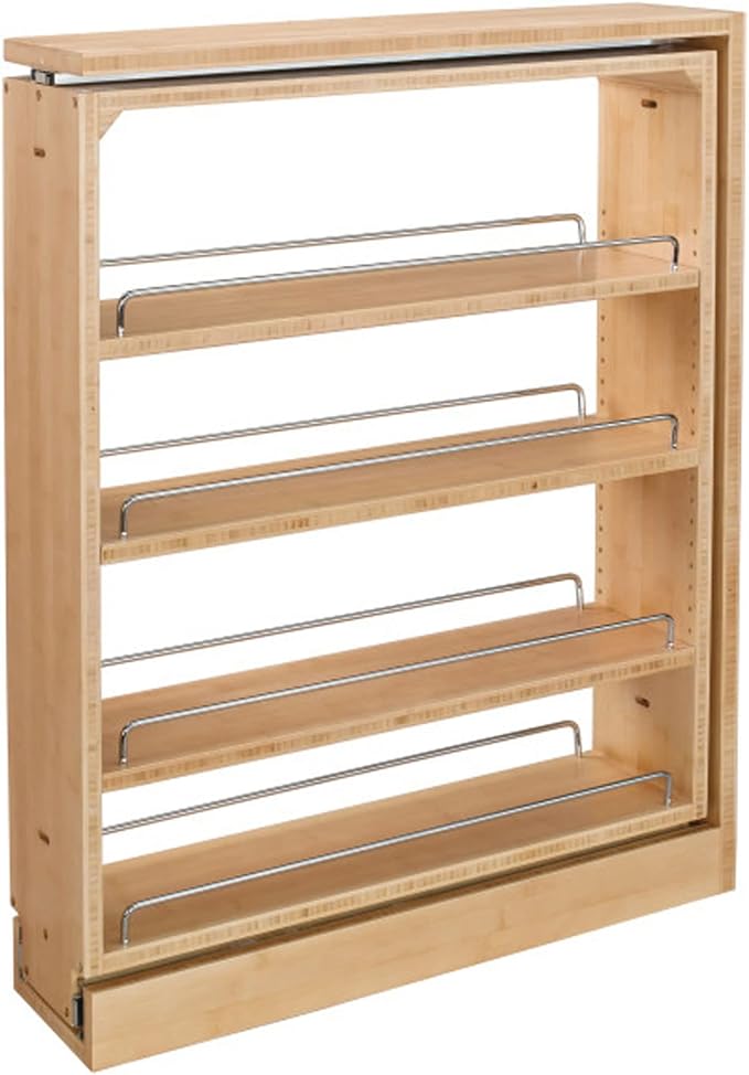 Rev-A-Shelf Pullout Filler for Between Base Kitchen Cabinets, Wooden Pantry Storage Shelves for 6" W x 30" H Opening, New Install Only, 432-BF-6C