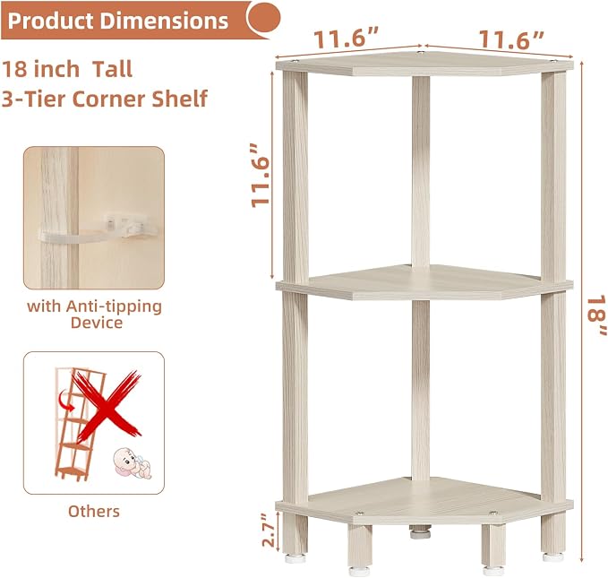 YUFAM 3-Tier Corner Shelf, Grey White | Wooden Small Corner Table with Sturdy 5-Leg Base, Wooden Corner Bookshelf for Adjustable Base