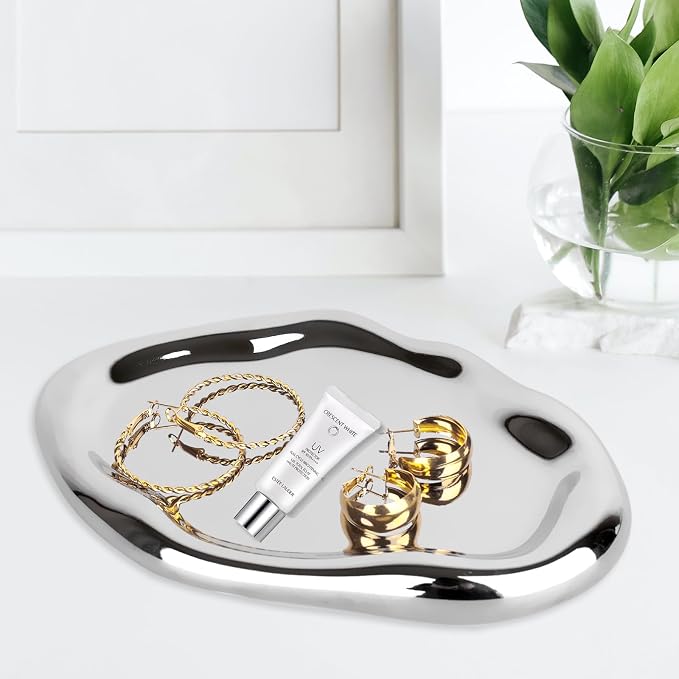 Silver Tray Decorative Vanity Tray Bathroom Tray Long Jewelry Dish | CHENDECOR Ceramic Silver Plate Holder Makeup Tray Home Organizers Irregular Storage Plate Bathroom Organizer