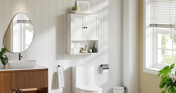 Bathroom Wall Cabinet, 30" x 24" White Painted Finish Wooden Wall Mounted Medicine Cabinet with 3 Level Adjustable Shelf, Over the Toilet Storage Cabinet, Wall Storage Cabinet for Bathroom